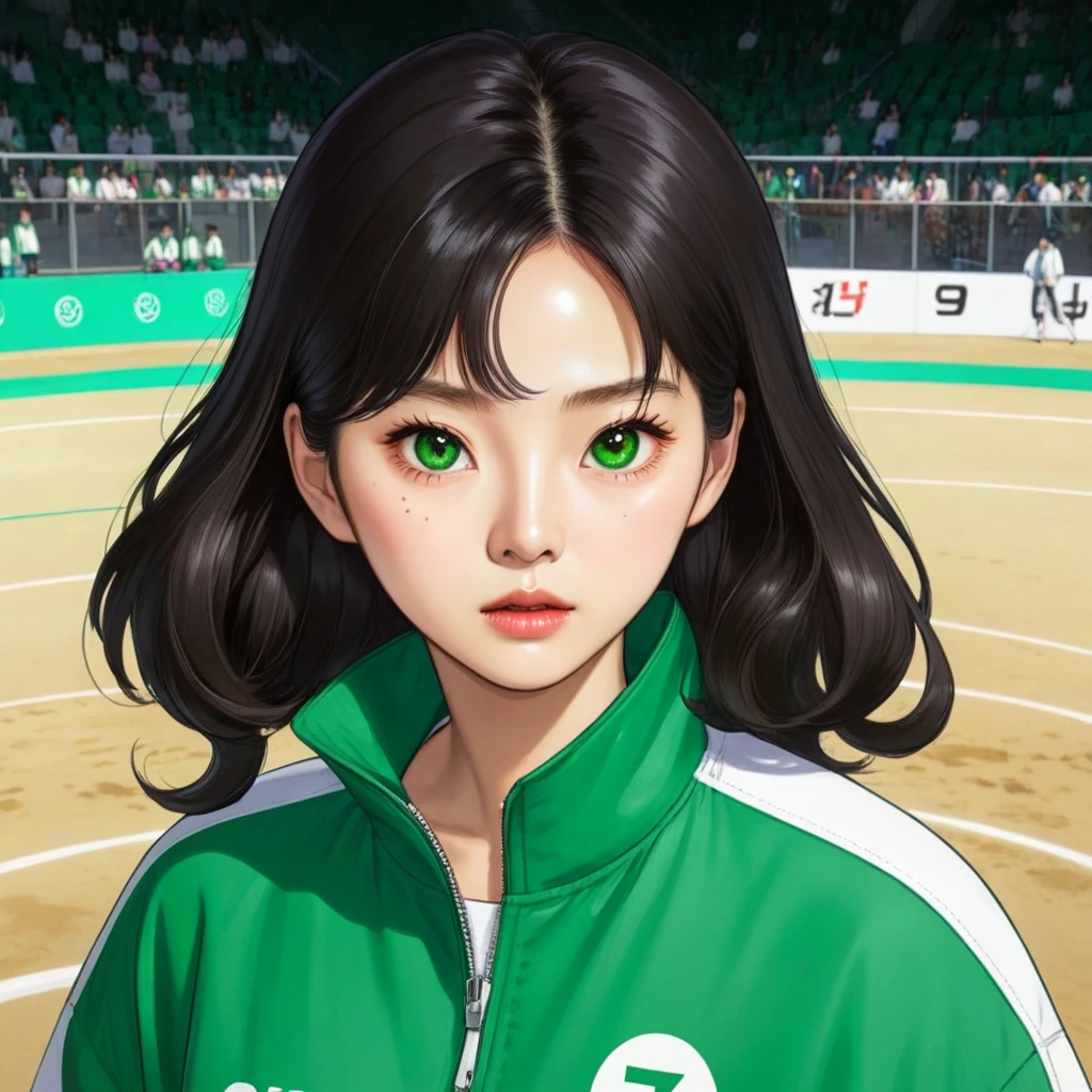 Hoyeon Jung, korean woman, 1 woman wearing green and white jacket which has the number 67 on the top left, squid game, Kang Sae-byeok, in a stone arena, front view
