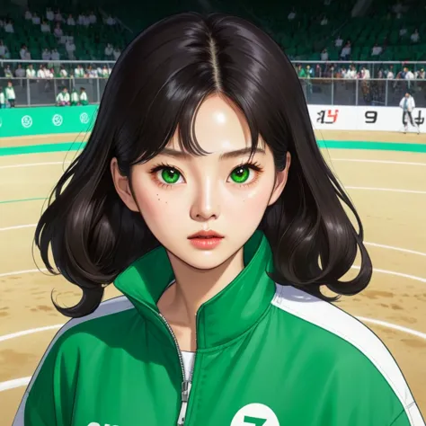 hoyeon jung, korean woman, 1 woman wearing green and white jacket which has the number 67 on the top left, squid game, kang sae-...