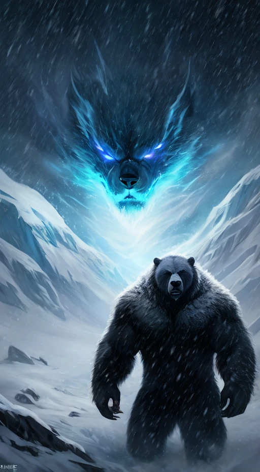 Polar bear stands looking at the sky Medium muscular, frozen planet setting, snowstorm , zoomed in on crotch, , chunie, darkgem,Monstrous blizzard with the fierce face of a bear,engulfed in whiteout conditions,swirling snow,and buffeting winds. Cinematic,mysterious,sinister,scary,wild,deadly,and beastly. A nightmarish masterpiece.,