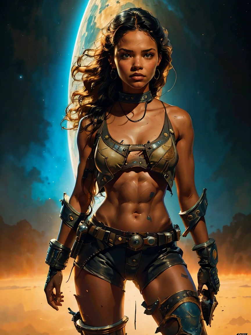 a young female space fighter pilot based on Jenna Ortega, sci-fi illustration, highly detailed cinematic fantasy portrait, black outlining, full color illustration, in the style of BORIS VALLEJO & JULIE BELL, masterpiece, 8k, ultra-detailed, physically-based rendering, vivid colors, dramatic lighting, intricate background, fantasy, photorealistic