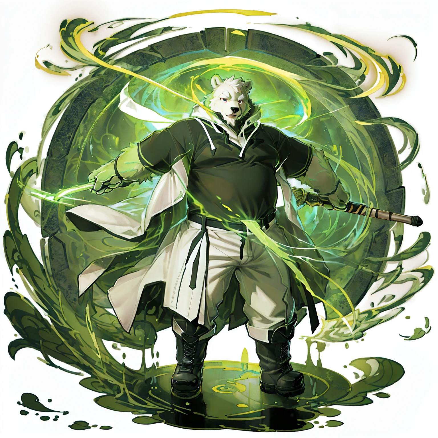 anthro, kemono, male, solo, (((anthro bear))), (((green bear))), (((green fur))), green hair, red eyes, beard, white eyebrows, mature, white background,  mage staff, magic, ((((black t-shirt inside), (((white long coat unhooded))), gray trousers, military boots))), full body, splash art, 