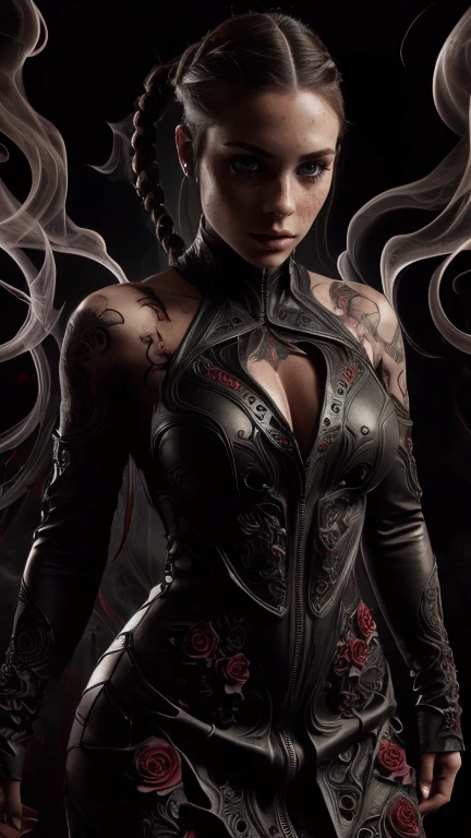 4K realistic, ultra-detailed photography of an athletic, demonic woman, demonic woman in a maxi leather dress, Hairstyle is a crazy braided hairstyle, demonic woman in a threatening moving standing model pose, The photo background is a wall of smoke, from which black roses come out, The mood of the photography is dark, large number of fiery tattoos