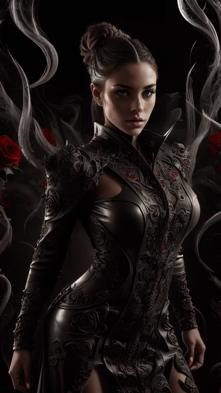 4K realistic, ultra-detailed photography of an athletic, demonic woman, demonic woman in a maxi leather dress, Hairstyle is a crazy braided hairstyle, demonic woman in a threatening moving standing model pose, The photo background is a wall of smoke, from which black roses come out, The mood of the photography is dark, large number of fiery tattoos