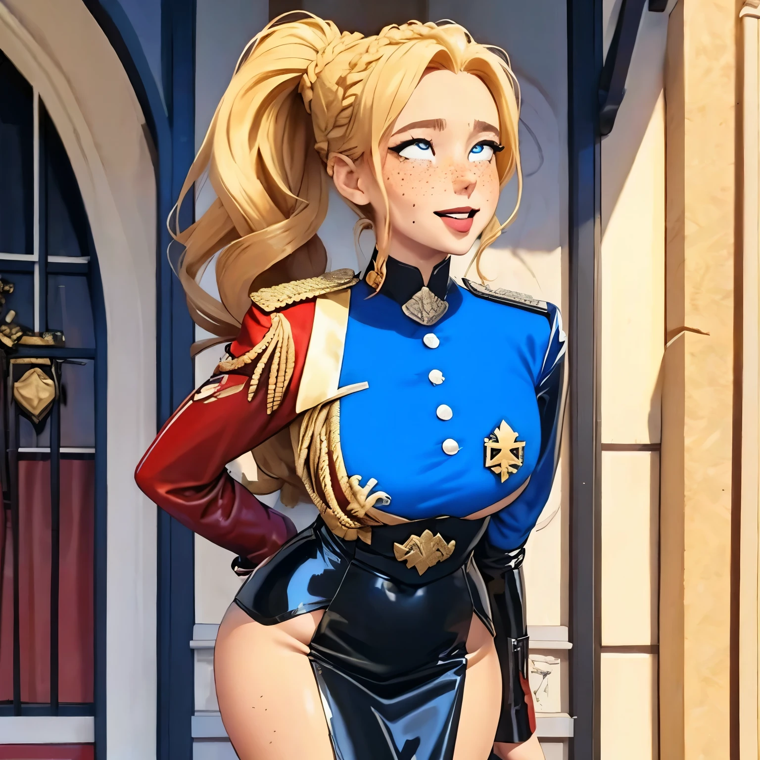 blonde, very long ponytail, very curly hair, French braid through ponytail, red white blue latex with gold trim, skin tight latex, huge  , massive  , even bigger , bright blue eyes, high quality eyes, glazed, empty, soulless, head tilt, buttons, insignia, noble, noble house, standing, military uniform, close up, night, balcony on palace, night time, night, smile, big smile, huge smile, freckles, pencil skirt, arms behind back, hands behind back, thick thighs, massive thighs,