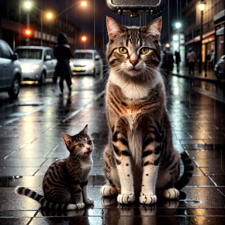 create an image of a very hungry and injured cat with visible hurting scars, sitting in the rain on a wet city street. The cat is very sad . The background shows a group of humans laughing at him. atmosphere is dramatic and touching, highlighting the harmful situation. there is a bowl with very little food in front of the skinny cat. very realistic image