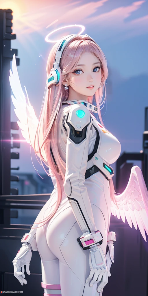 ((masterpiece, best quality, extremely detailed), volumetric lighting, ambient occlusion, colorful, glowing), 1girl, solo, young girl, (pink hair), long hair, halo, aura, sacred, godness, cyber suit, (white outfit:1.3), android, bot, angel wings, outdoors, sunset, sky, clouds, space, (cyberpunk theme:1.2),