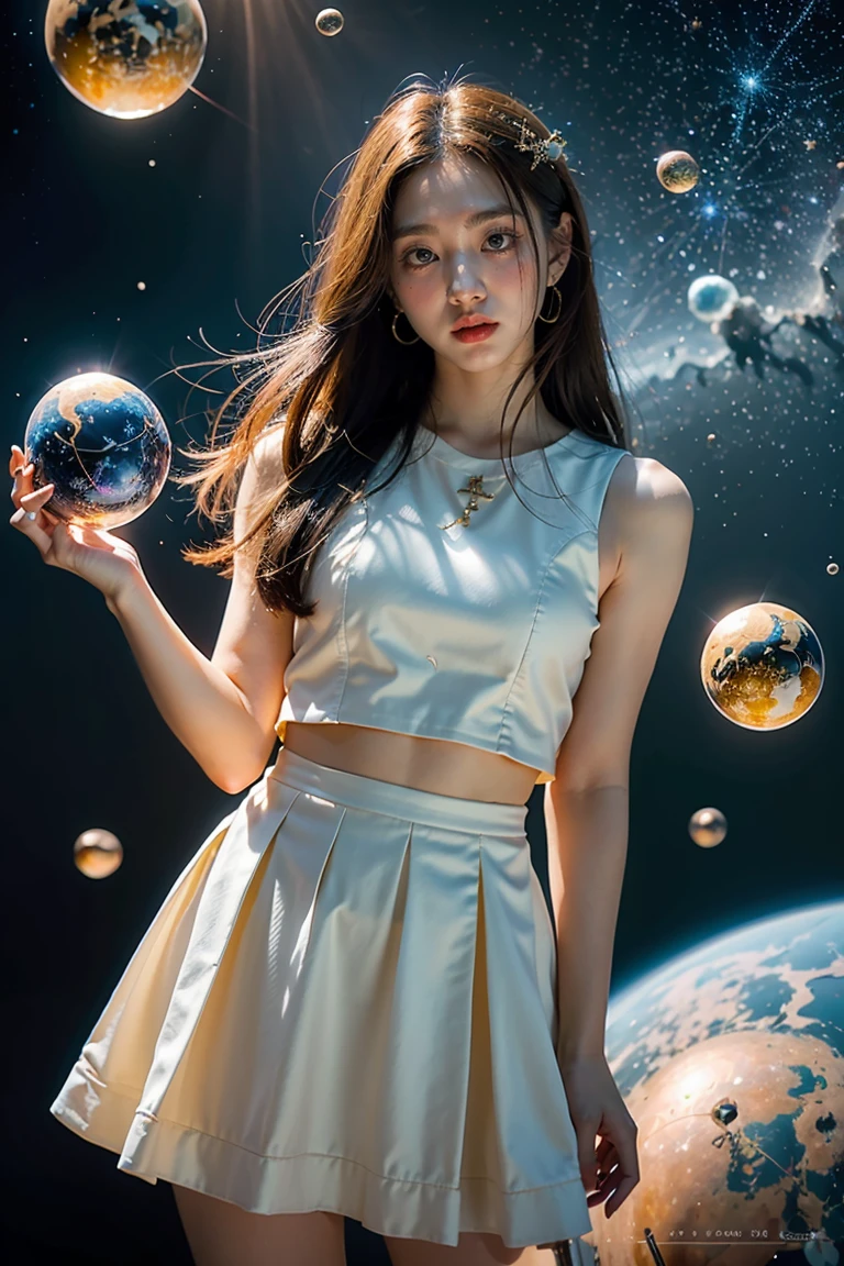 宇宙の星空の浮遊する断片の上に立っている、ミステリアスで美しい女性キャラクターを描いている。
惑星が星空の背景に溶け込む、星雲や流星などの要素。
美しい男性主人公の目は、強くミステリアスな気質を表している。
吊り下げられた破片に謎のシンボルや標識を追加する，強力なバックグラウンドを象徴する。
海軍で、紫がメインカラーです，ゴールドまたはホワイトのハイライトで補完。光と粒子の効果を使用して、空間の深さと謎を示します。
7. カバーデザインに本のタイトルを含める《グローバル シミュレーション：私の才能は1億点》