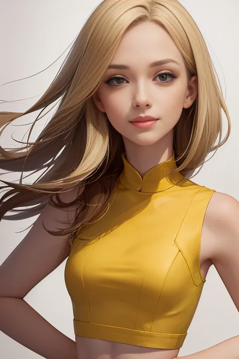 1 girl, realist, standing, Photo, Beautiful yellow blouse, mini skirt, Looking beyond the viewer, female, SMILE, Photorealism, f...