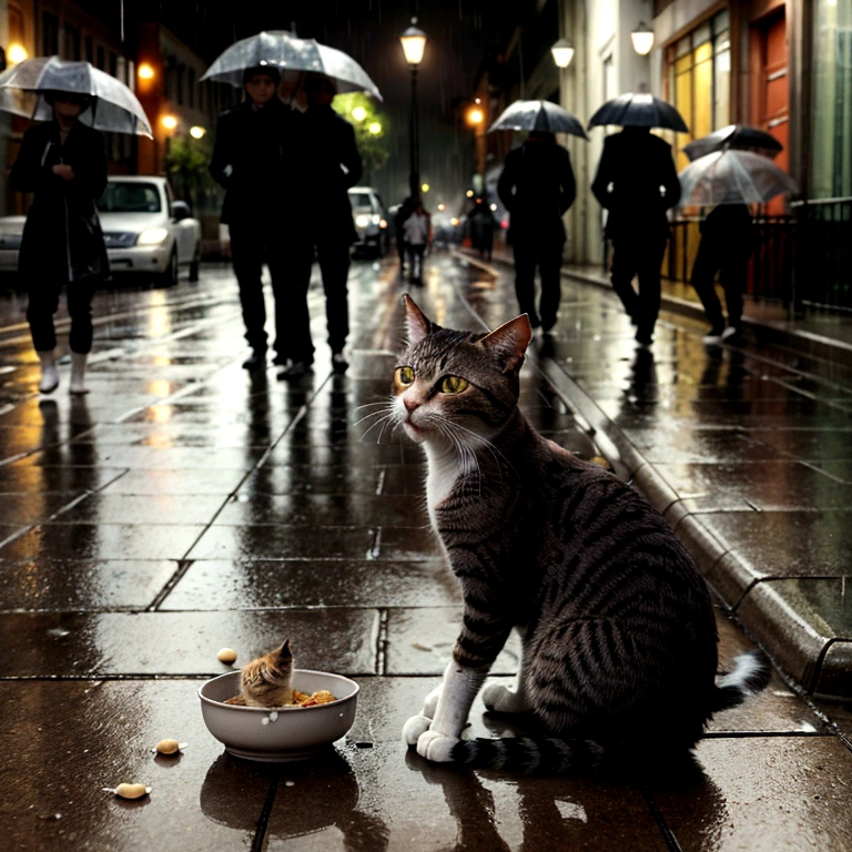 create an image of a hungry and injured cat, sitting in the rain on a wet city street. The cat is very sad . The background shows a group of humans laughing at him. the atmosphere is dramatic and touching, highlighting the sad situation. there is a bowl with very little food in front of the skinny cat. realistic