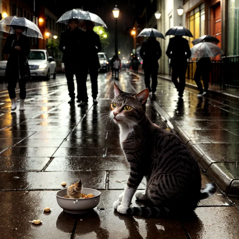 create an image of a hungry and injured cat, sitting in the rain on a wet city street. the cat is very sad . the background show...