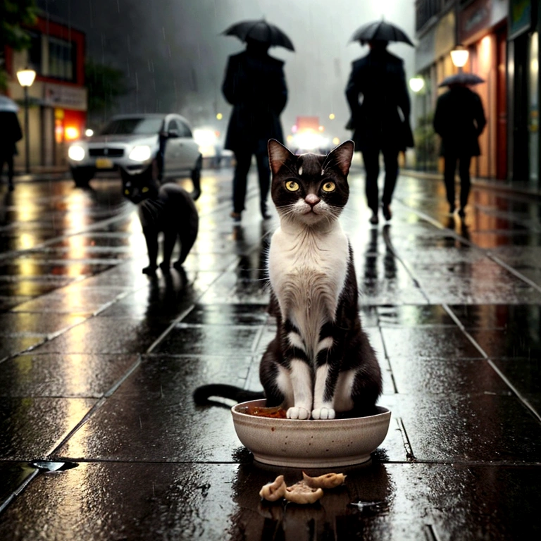 create an image of a hungry and injured cat, sitting in the rain on a wet city street. The cat is very sad . The background shows a group of humans laughing at him. the atmosphere is dramatic and touching, highlighting the sad situation. there is a bowl with very little food in front of the skinny cat. realistic