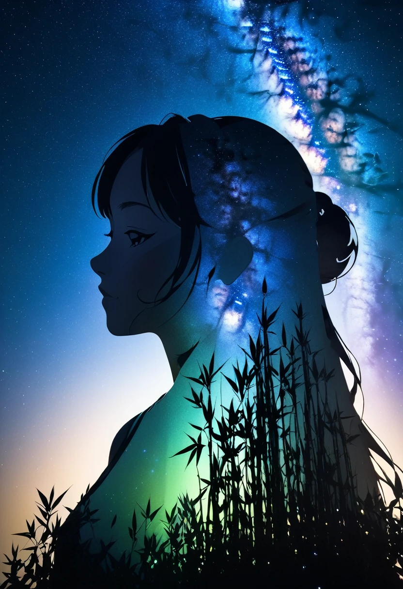  mate piece, silhouette, Milky Way, Orihime's, close-up, profile, monotony, moon, double exposure, Milky Way, bamboo decoration, depth of field, (holographic glow effect), from below, low angle shot, masterpiece,