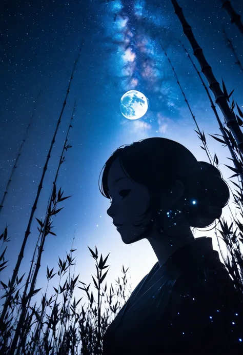 mate piece, silhouette, Milky Way, Orihime's, close-up, profile, monotony, moon, double exposure, Milky Way, bamboo decoration,...