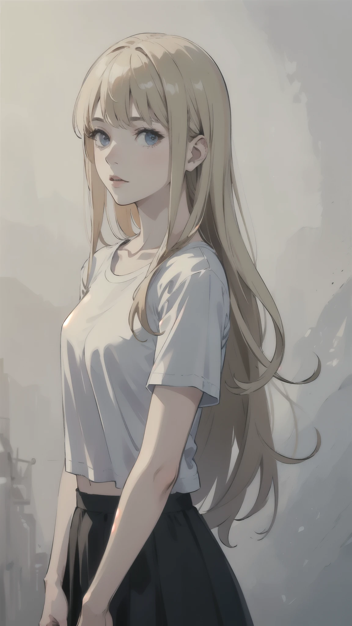 ((best quality)), ((masterpiece)), (detailed), one girl with long blond hair, standing neutral, portrait picture, whole body in image, white t-shirt, black skirt