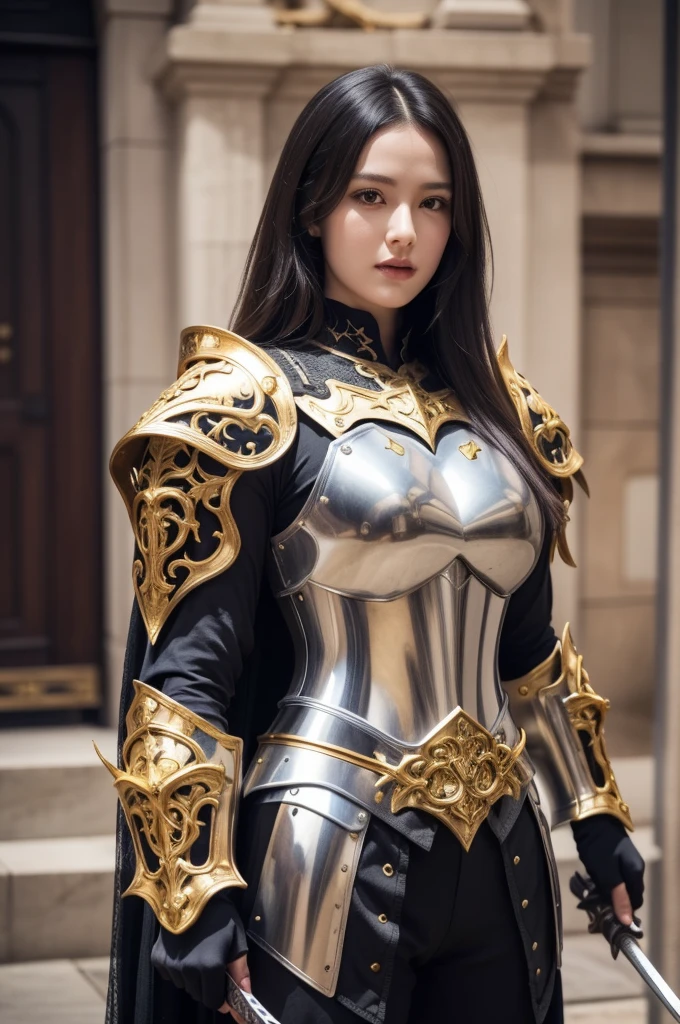 a close up of a woman in armor with a sword, stunning armor, wearing fantasy armor, very stylish fantasy armor, gold heavy armor. dramatic, beautiful armor, fantasy armor, black and gold armor, gothic armor, wearing ornate armor, intricate armour costumes, female armor, ornate gothic armor, ornate , wearing louis vuitton armor, girl in knight armor