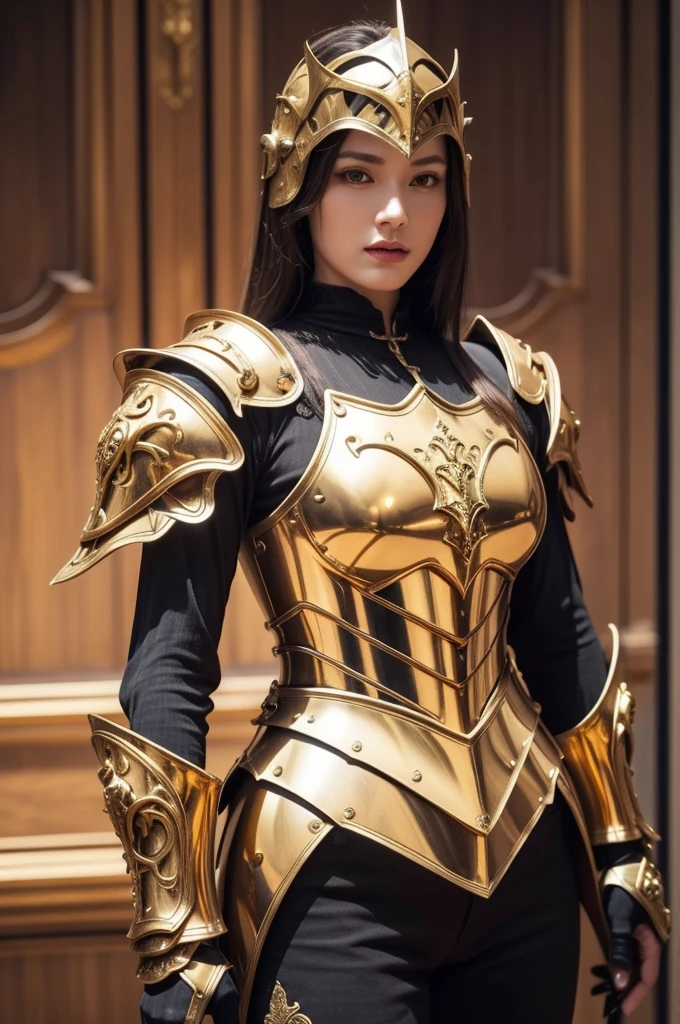 a close up of a woman in armor with a sword, stunning armor, wearing fantasy armor, very stylish fantasy armor, gold heavy armor. dramatic, beautiful armor, fantasy armor, black and gold armor, gothic armor, wearing ornate armor, intricate armour costumes, female armor, ornate gothic armor, ornate , wearing louis vuitton armor, girl in knight armor