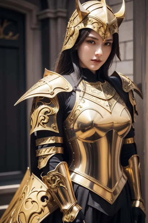 a close up of a woman in armor with a sword, stunning armor, wearing fantasy armor, very stylish fantasy armor, gold heavy armor...