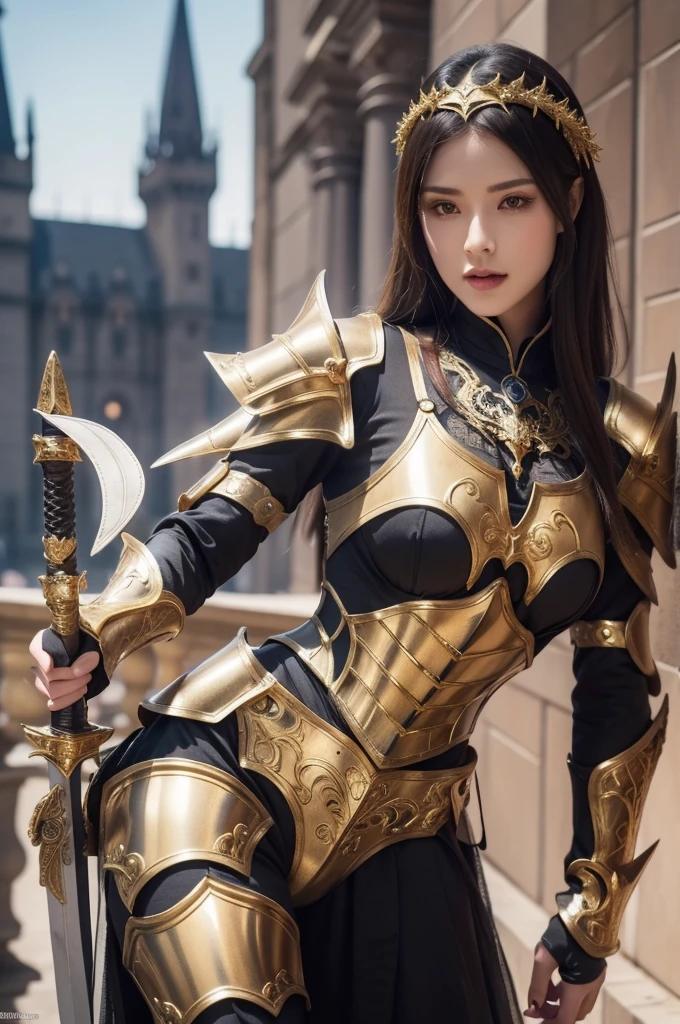 um close de uma mulher de armadura com uma espada, armadura deslumbrante, wearing armadura de fantasia, very stylish armadura de fantasia, armadura pesada de ouro. dramático, linda armadura, armadura de fantasia, armadura preta e dourada, armadura gótica, wearing ornamentado armor, intrincados trajes de armadura, armadura feminina, ornamentado armadura gótica, ornamentado , vestindo armadura Louis Vuitton, garota com armadura de cavaleiro