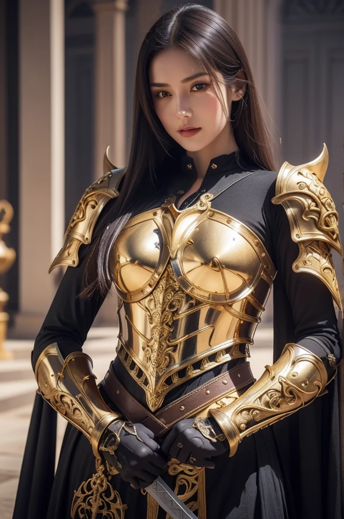 鎧を着て剣を持った女性のクローズアップ, 見事な鎧, wearing ファンタジーアーマー, very stylish ファンタジーアーマー, 金の重装甲. 劇的, 美しい鎧, ファンタジーアーマー, 黒と金の鎧, ゴシックアーマー, wearing 華やかな armor, 複雑な鎧の衣装, 女性用鎧, 華やかな ゴシックアーマー, 華やかな , ルイ・ヴィトンの鎧を着て, 騎士の鎧を着た少女