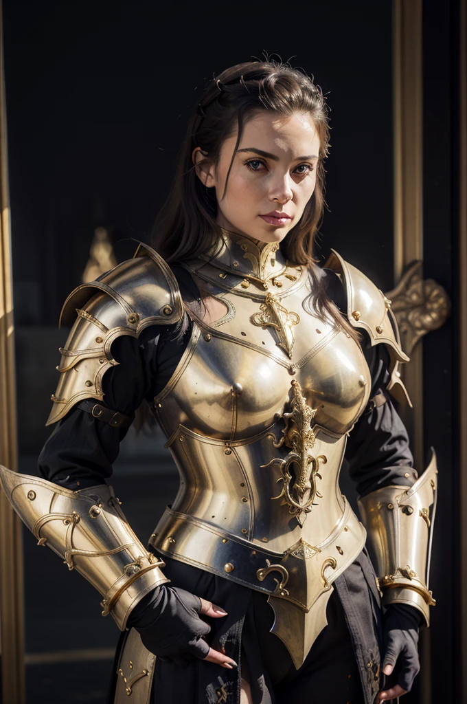 a close up of a woman in armor with a sword, stunning armor, wearing fantasy armor, very stylish fantasy armor, gold heavy armor. dramatic, beautiful armor, fantasy armor, black and gold armor, gothic armor, wearing ornate armor, intricate armour costumes, female armor, ornate gothic armor, ornate , wearing louis vuitton armor, girl in knight armor