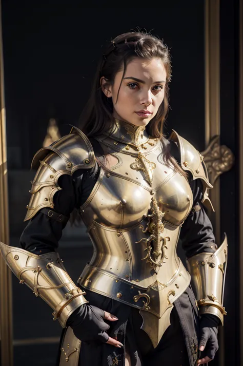 a close up of a woman in armor with a sword, stunning armor, wearing fantasy armor, very stylish fantasy armor, gold heavy armor...
