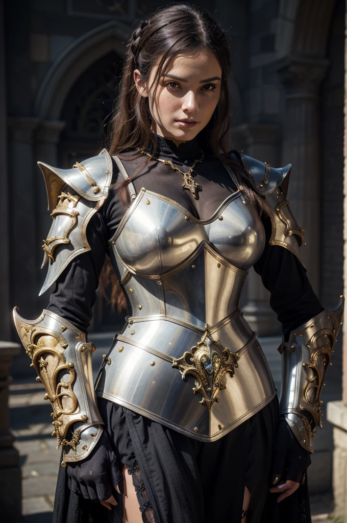 a close up of a woman in armor with a sword, stunning armor, wearing fantasy armor, very stylish fantasy armor, gold heavy armor. dramatic, beautiful armor, fantasy armor, black and gold armor, gothic armor, wearing ornate armor, intricate armour costumes, female armor, ornate gothic armor, ornate , wearing louis vuitton armor, girl in knight armor