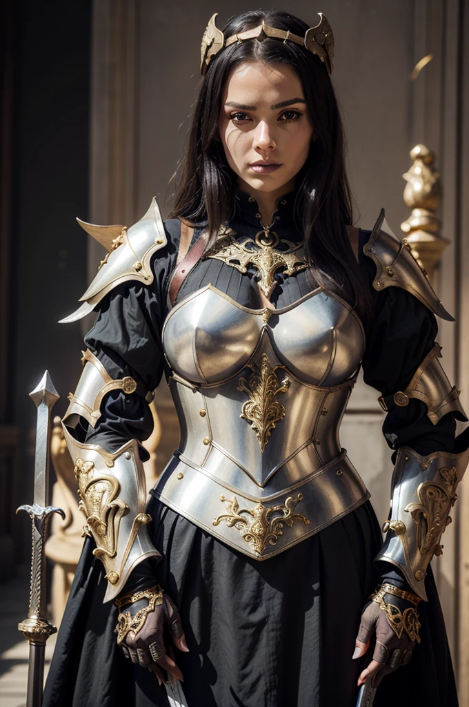 a close up of a woman in armor with a sword, stunning armor, wearing fantasy armor, very stylish fantasy armor, gold heavy armor. dramatic, beautiful armor, fantasy armor, black and gold armor, gothic armor, wearing ornate armor, intricate armour costumes, female armor, ornate gothic armor, ornate , wearing louis vuitton armor, girl in knight armor