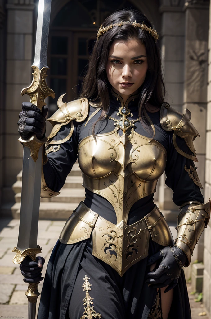 a close up of a woman in armor with a sword, stunning armor, wearing fantasy armor, very stylish fantasy armor, gold heavy armor. dramatic, beautiful armor, fantasy armor, black and gold armor, gothic armor, wearing ornate armor, intricate armour costumes, female armor, ornate gothic armor, ornate , wearing louis vuitton armor, girl in knight armor