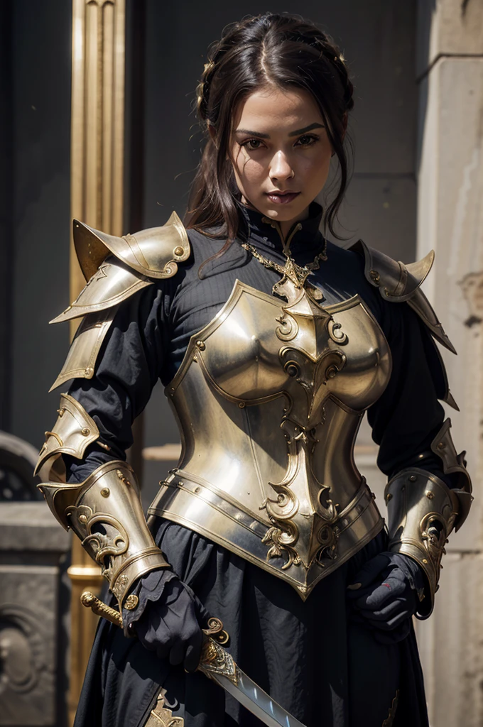 a close up of a woman in armor with a sword, stunning armor, wearing fantasy armor, very stylish fantasy armor, gold heavy armor. dramatic, beautiful armor, fantasy armor, black and gold armor, gothic armor, wearing ornate armor, intricate armour costumes, female armor, ornate gothic armor, ornate , wearing louis vuitton armor, girl in knight armor