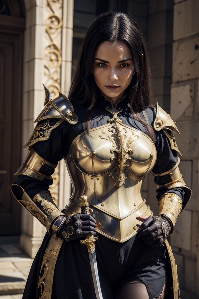 a close up of a woman in armor with a sword, stunning armor, wearing fantasy armor, very stylish fantasy armor, gold heavy armor. dramatic, beautiful armor, fantasy armor, black and gold armor, gothic armor, wearing ornate armor, intricate armour costumes, female armor, ornate gothic armor, ornate , wearing louis vuitton armor, girl in knight armor