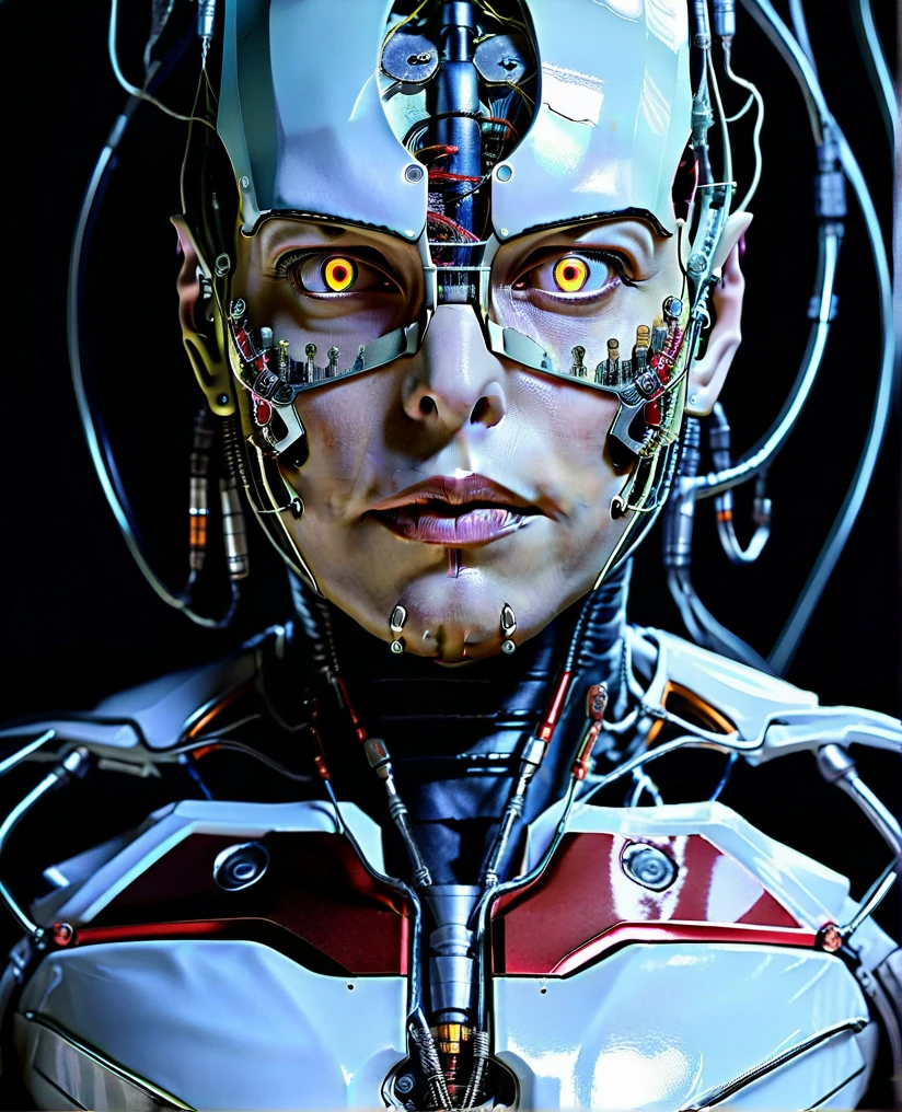 elon musk, high quality, cyborg, android, hyperrealistic, hyperdetailed, lots of components and wires