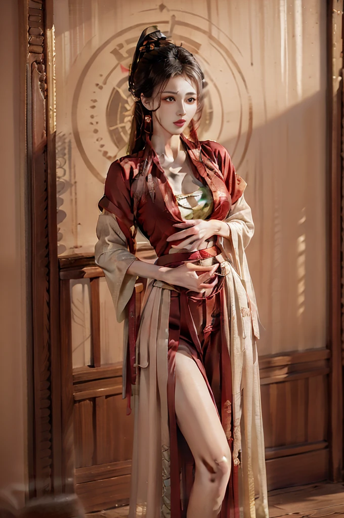 raw image, In an ancient Chinese house, realistic, realistically, dark light, high resolutionเป็นพิเศษ, photo-realistic, Masterpiece, Page Details, Personal details, Clothing details, Highest quality, ((high resolution)), hips up, 1 woman, ((beautiful girl)), alone, decorations, ((Blonde Hair)), ((Slender face)), ((PonyTail)), ((Red eyes)), decorationsที่ผมสีเงิน, dark brown eyeliner, put on makeup, red lips, ((Hanfu)), ((big breasts)), red shirt, Black shirt with gold dragon design, Gold Earrings, Hair pins,