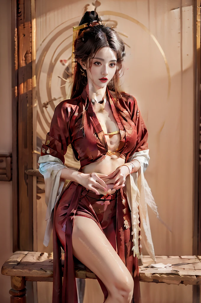 raw image, In an ancient Chinese house, realistic, realistically, dark light, high resolutionเป็นพิเศษ, photo-realistic, Masterpiece, Page Details, Personal details, Clothing details, Highest quality, ((high resolution)), hips up, 1 woman, ((beautiful girl)), alone, decorations, ((Blonde Hair)), ((Slender face)), ((PonyTail)), ((Red eyes)), decorationsที่ผมสีเงิน, dark brown eyeliner, put on makeup, red lips, ((Hanfu)), ((big breasts)), red shirt, Black shirt with gold dragon design, Gold Earrings, Hair pins,