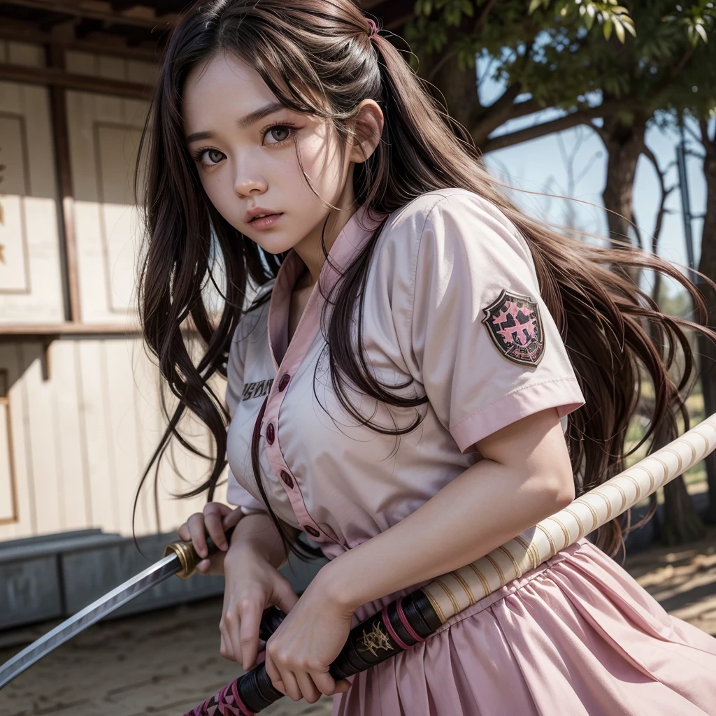 Demon Slayer screenshot of a woman with white skin, dark brown eyes and long, curly brown hair. She is wearing the hunter squad uniform and a pink and white katana with some heart details.. The character must appear in full on the cover. Ufotable studios season 1 screenshot.