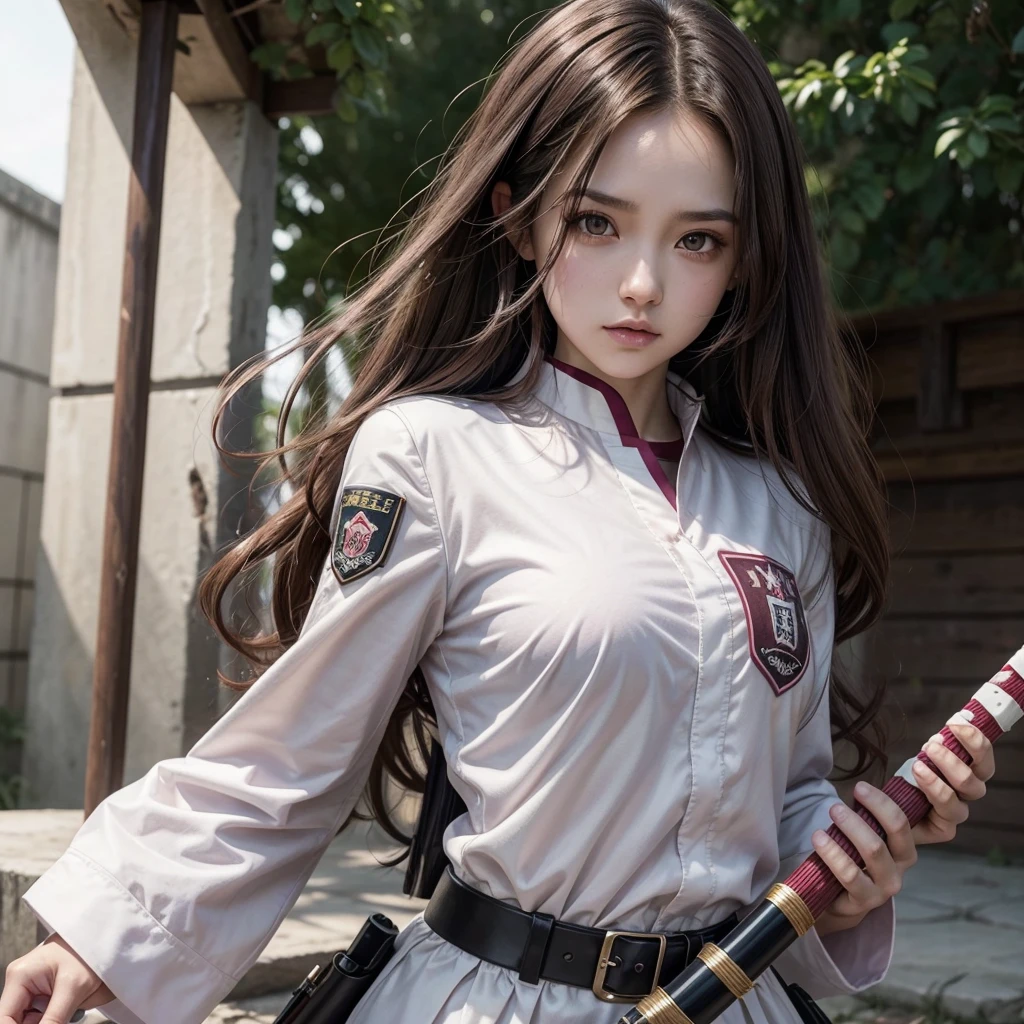 Demon Slayer screenshot of a woman with white skin, dark brown eyes and long, curly brown hair. She is wearing the hunter squad uniform and a pink and white katana with some heart details.. The character must appear in full on the cover. Ufotable studios season 1 screenshot.