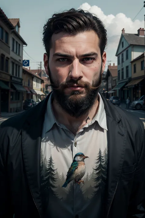 arafed man with a beard and a bird in his hair, double exposure effect, double exposure portrait, alessio albi, double - exposur...