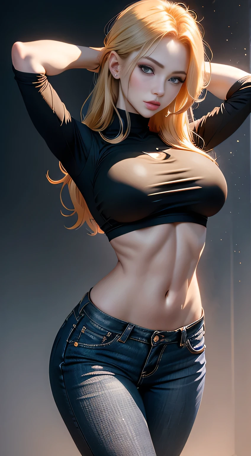sfw, masterpiece, Cowboy shot, (1woman), (golden hairs), (Black tshirt:1.2), (beautiful blue eyes), White, Orange and Blue colors, Foggy background, Graceful pose, (looking at viewer), (front view), (from sky), (bokeh:1.2), wearing bra,((skinny waist)), young asian girl, ((big breasted)),