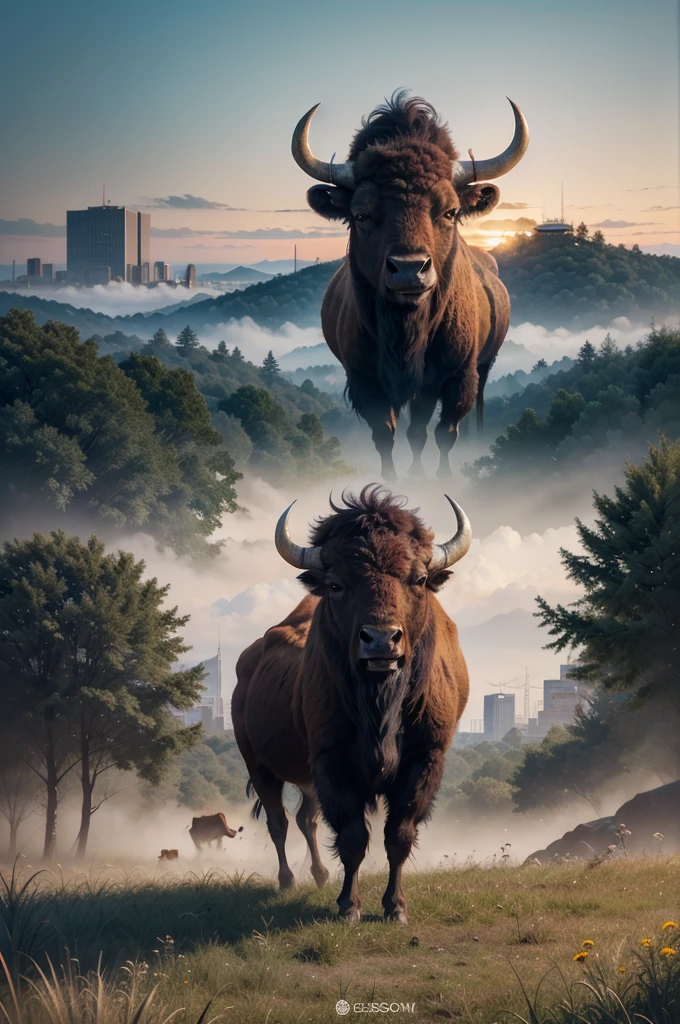 there is a bison standing in a field with a city in the background, buffalo, bison god, double exposure effect, digital art animal photo, double exposure photography, best on adobe stock, wildlife illustration, double exposure, inspired by Giuseppe Bernardino Bison, by Jakob Gauermann, double - exposure, double-exposure, highly detailed digital artwork, by Kurt Roesch