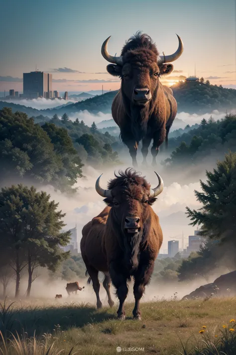 there is a bison standing in a field with a city in the background, buffalo, bison god, double exposure effect, digital art anim...