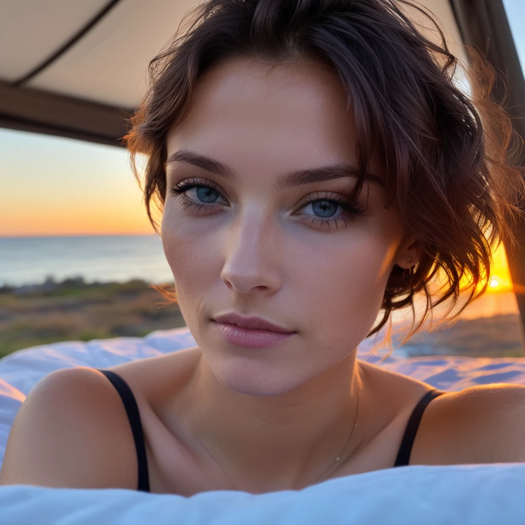 Mujer morena con ojos azules posando frente a una puesta de sol tomada  desde lej - SeaArt AI