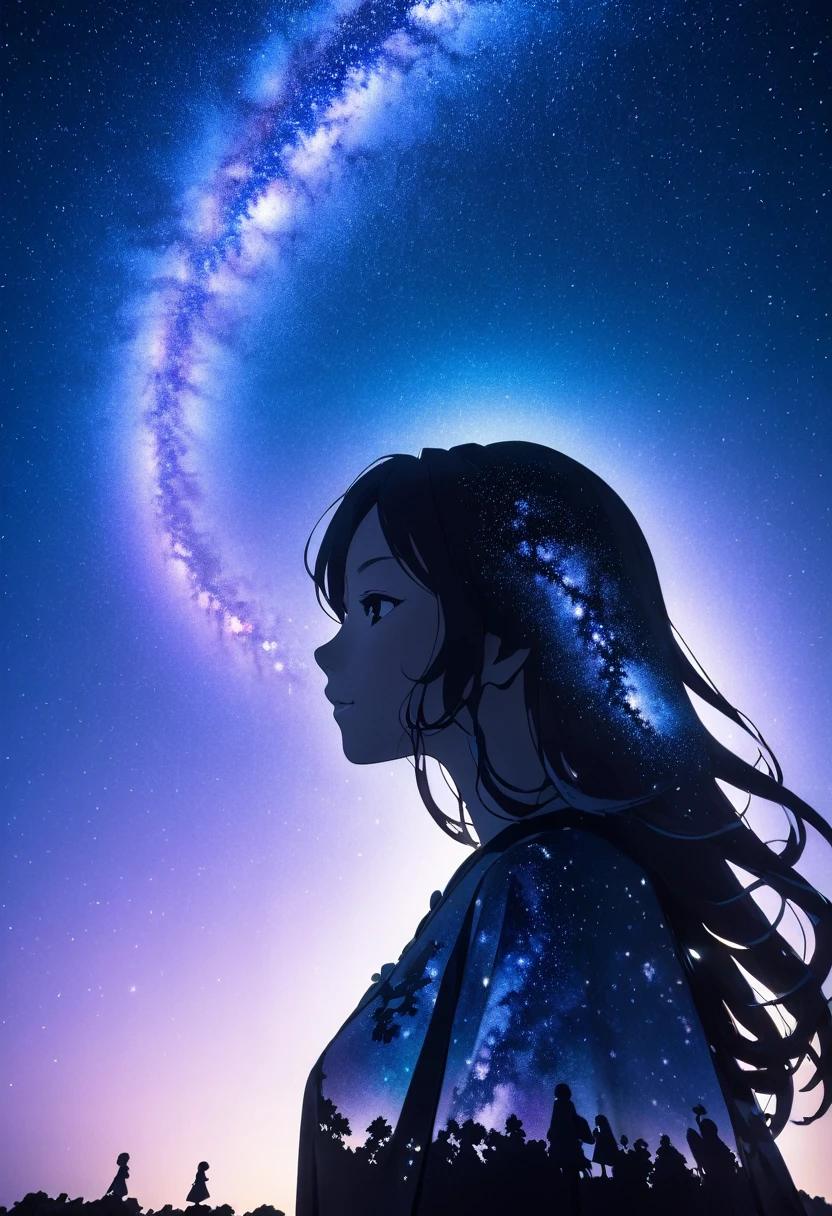  mate piece, silhouette, Milky Way, Orihime's, close-up, profile, monotony, moon, double exposure, Milky Way, Tanabata decoration, depth of field, (holographic glow effect), from below, low angle shot, masterpiece,