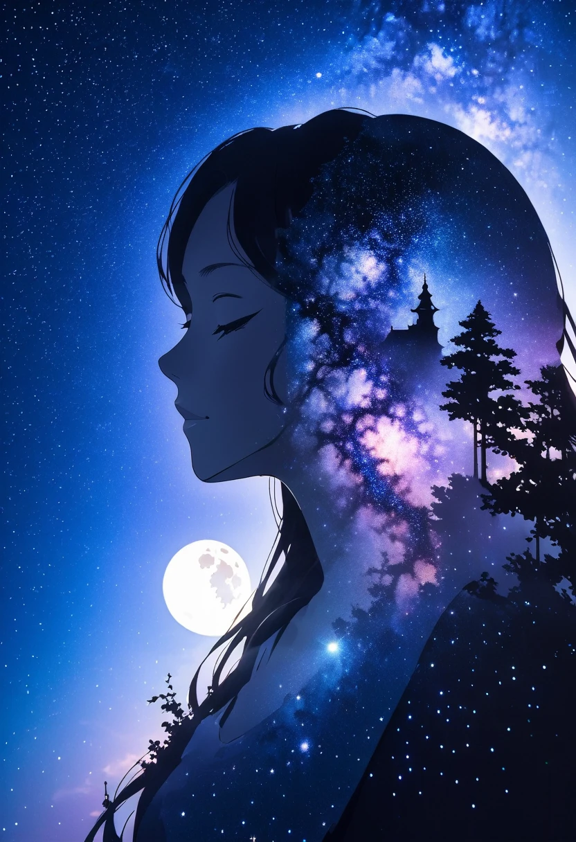  mate piece, silhouette, Milky Way, Orihime's, close-up, profile, monotony, moon, double exposure, Milky Way, Tanabata decoration, depth of field, (holographic glow effect), from below, low angle shot, masterpiece,