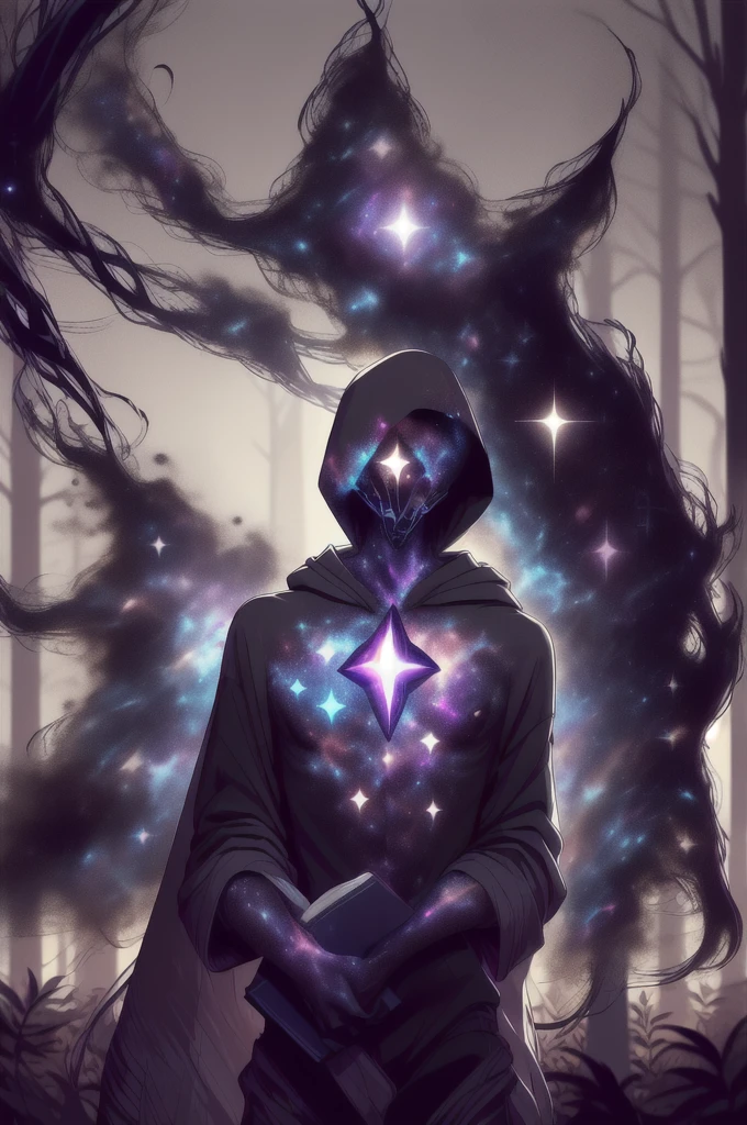 dark celestialskin body , void cosmic body, colored skin, flat color, jet black skin, a white cloak, hood on, holding an open book infront of him, silhouette,1boy, 
portrait, upper body,in a forest , front view, holding a book, a flying book, flying pages.