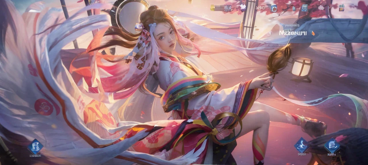 ((masterpiece)), nezuko, 1girl, bamboo, bit gag, brown hair, checkered sash, gag, gagged, gradient hair, hair ribbon, haori, japanese clothes, kimono, long hair, looking at viewer, multicolored hair, orange hair, pink eyes, pink kimono, pink ribbon, ribbon, solo, upper body,