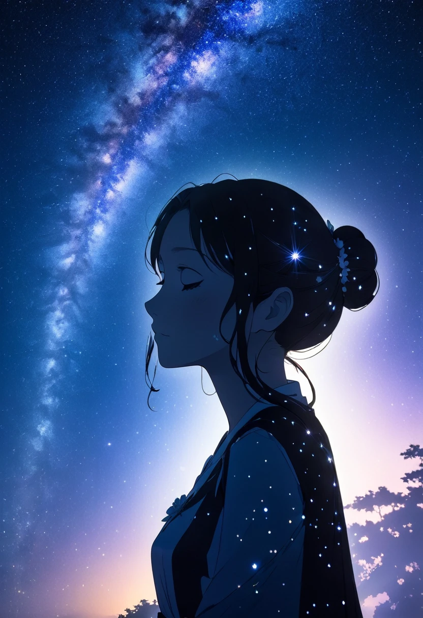  mate piece, silhouette, Orihime's sadness at being separated by the Milky Way is conveyed, as she stretches out her right arm and regrets parting, close-up, profile, monotony, moon, double exposure, Milky Way, Tanabata decoration, depth of field, (holographic glow effect), from below, low angle shot, masterpiece,