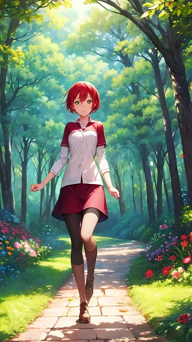 masterpiece, best quality, illustration, 1girl, solo, looking at viewer, , , , , shirayuki-hime, red hair, red eyes, , An enchanted forest where magical creatures and plants abound, High resolution, flat chest