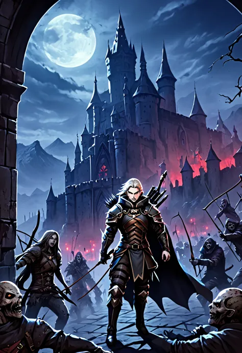 castlevania inspired Archer, creepy ambiance, anime style, horror theme, surrounded by zombies, Dracula's castle backdrop, futur...