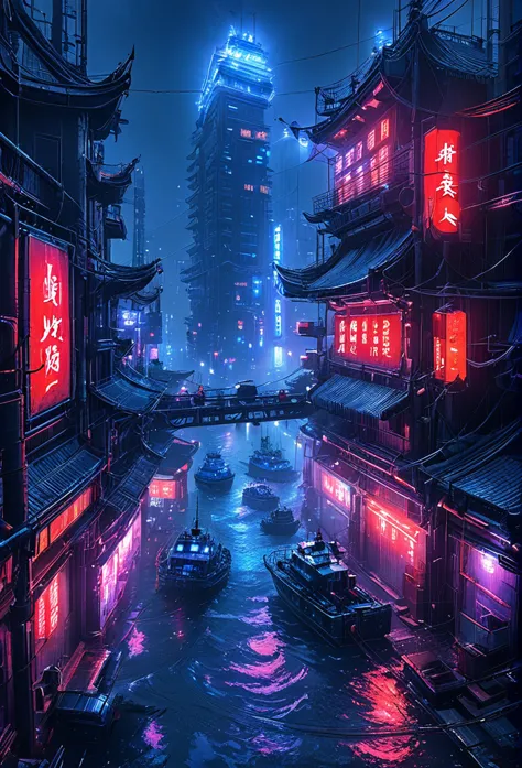 cybercity, (blue:1.3)，（red:1.4）,(harbor:1.3), (ship:1.2),  neon lights, scenery, chinese_building, outdoors, road, night, sign, ...