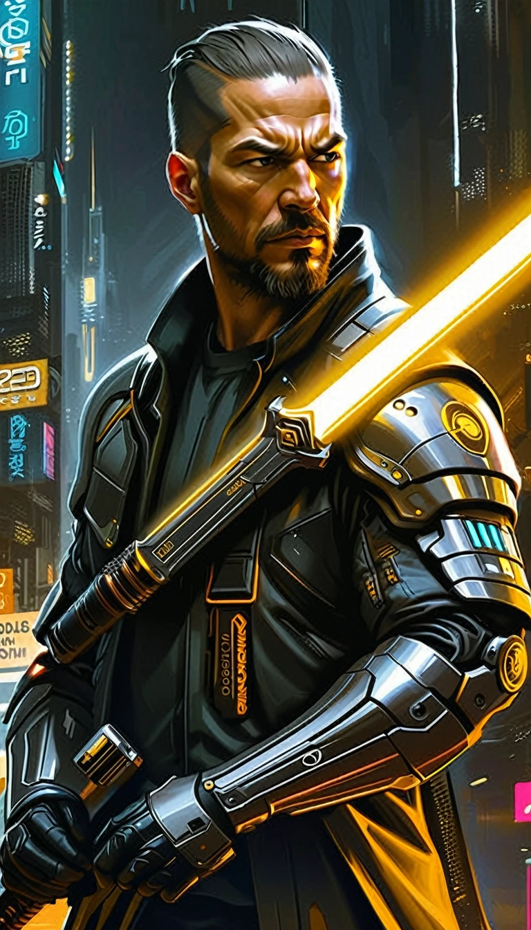 a man with a sword sits on a ledge, cyberpunk samurai portrait, Vojtek FUS, lime lasted lightsaber wallpaper, Ross designs global illumination, por John La Gatta, science fiction digital painting, science fiction digital painting, Rossries 2. 0, Sylvain Sarrail, Alexandre Sharp Ross 