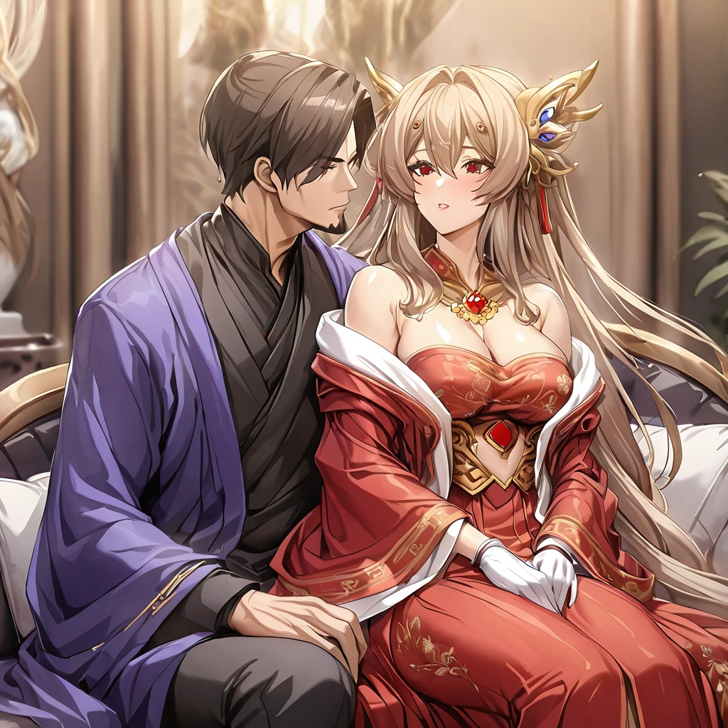 ((Highest quality)), ((masterpiece)), (detailed), （Perfect Face）、The woman is a Chinese woman named Marina Katsuragi, wearing a gorgeous, glittering red Hanfu with lots of gold embroidery, a gorgeous hair ornament, gorgeous jeweled accessories and an engagement ring. The woman and the man are sitting on a gorgeous, large sofa in a gorgeous room, and the woman is passionately embracing and passionately deep kissing the middle-aged Chinese man wearing a dignified and sturdy Hanfu, making passionate love as husband and wife.、The woman is the elegant Marina Katsuragi, a Chinese woman with brown, semi-long hair, wearing a red Hanfu with gorgeous gold embroidery all over it.、The man is a dignified, muscular, bearded, middle-aged Chinese man wearing the traditional Chinese dress, Hanfu.